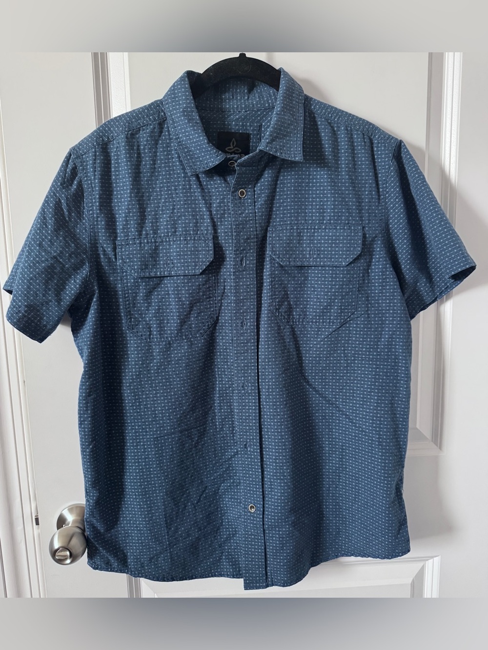 Prana Men's Short Sleeve Button-Down Shirt in Denim Blue with Micro Dot-Small